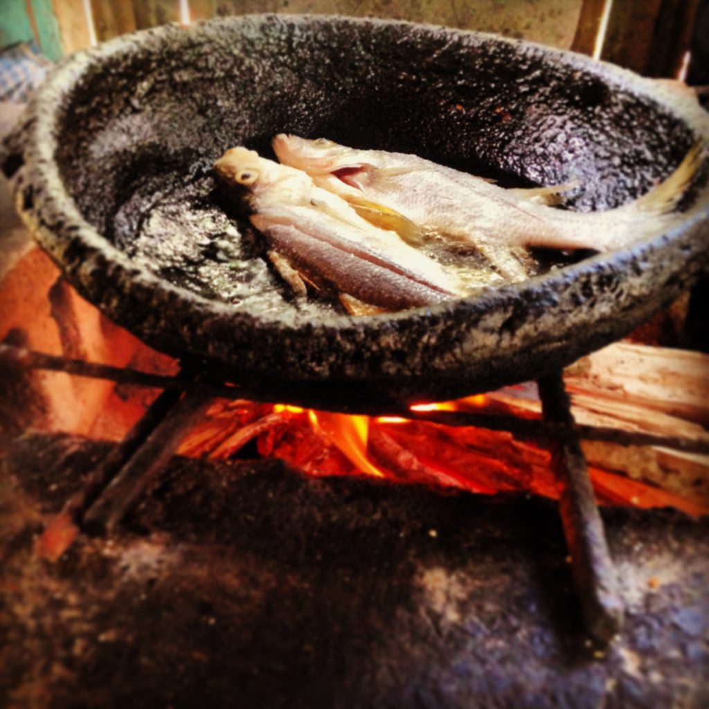 fish cooking over an open fire